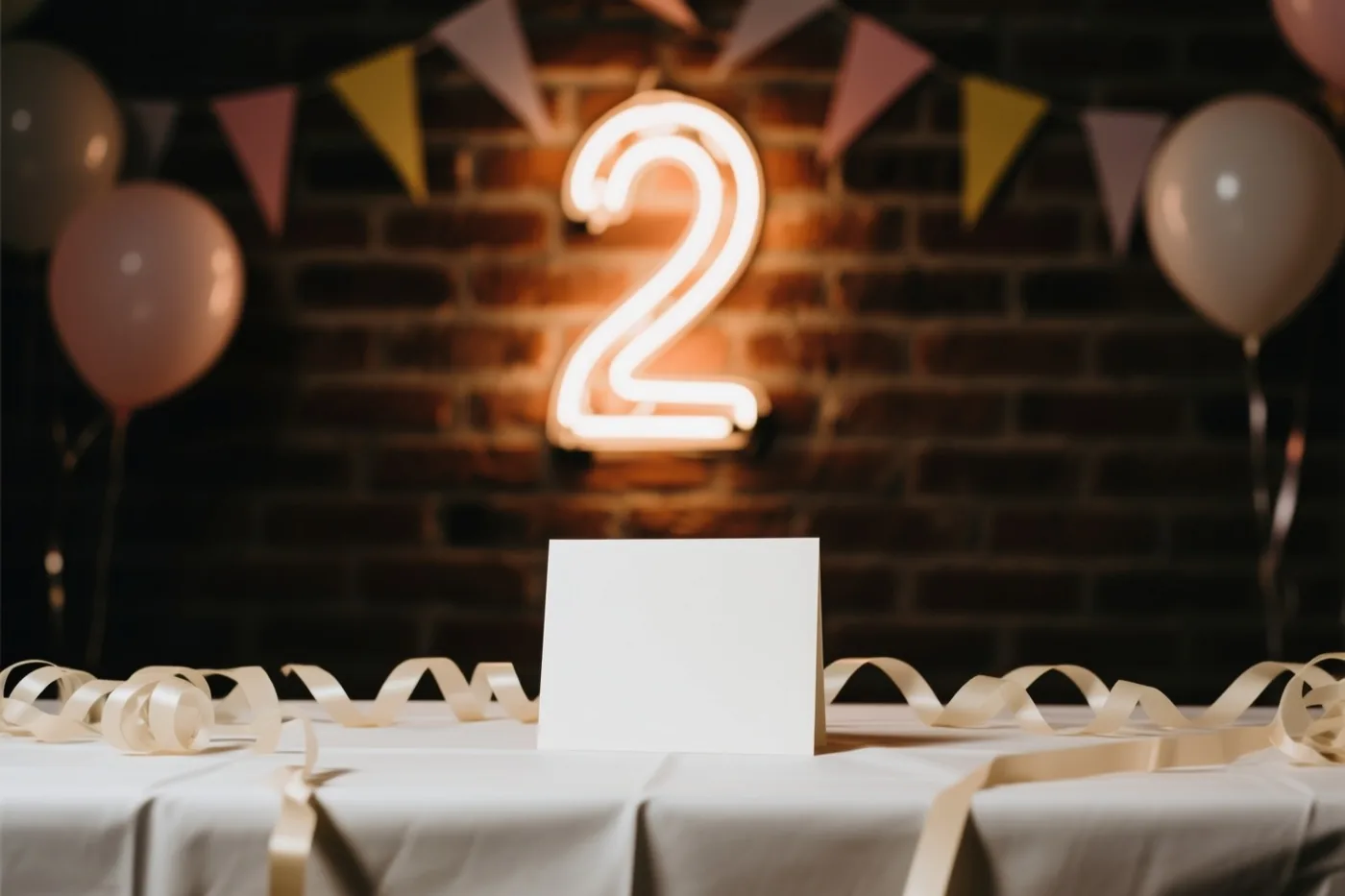 Een lichtgevende neon-2 hangt aan een bakstenen muur boven een tafel met een wit kleed en gouden slingers, met ballonnen en een feestspandoek als versiering.