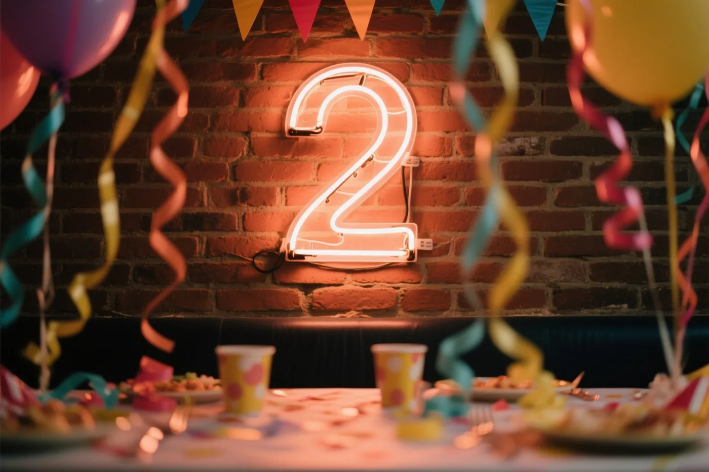 Een lichtgevende neon-2 hangt aan een bakstenen muur boven een feesttafel met kleurrijke slingers en ballonnen.