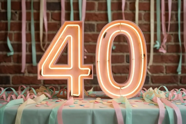 Een groot lichtgevend neongetal 40 staat op een tafel met pastelkleurige serpentines en confetti tegen een rode bakstenen muur, in warme roze en perziktinten.