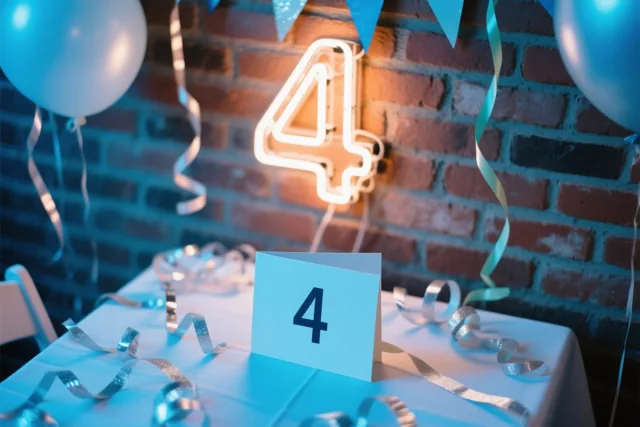 Een lichtgevend neoncijfer 4 hangt aan een bakstenen muur boven een feesttafel met blauwe en zilveren slingers, omringd door ballonnen en linten.