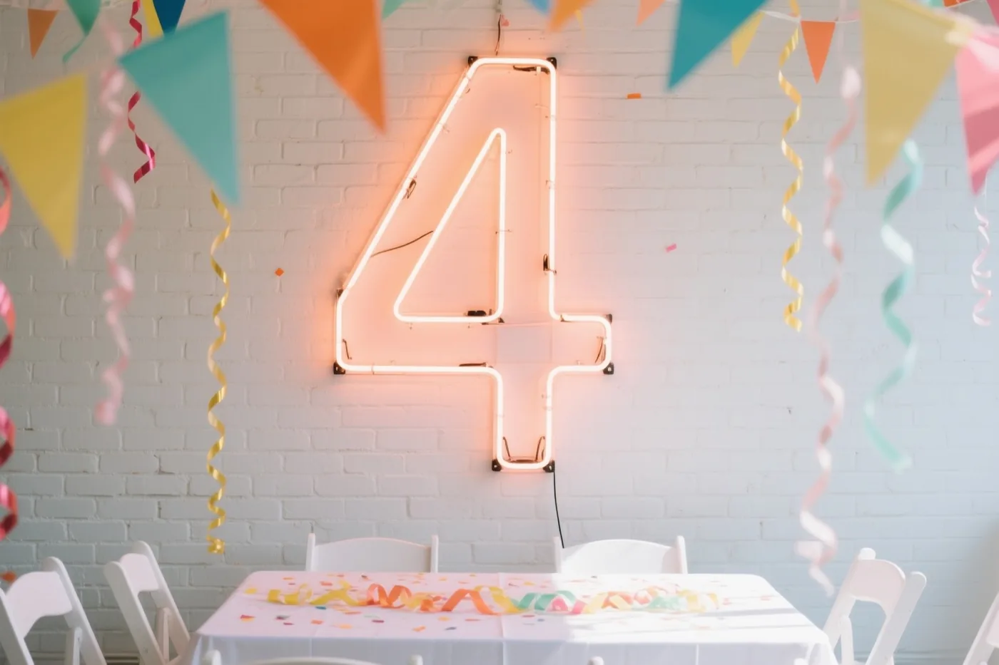 Een groot neoncijfer 4 hangt aan een witte bakstenen muur boven een tafel met een wit tafelkleed, kleurrijke slingers, vlaggetjes en spiraalslingers.