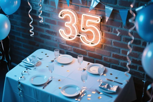 Een neongetal 35 hangt aan een bakstenen muur boven een tafel met een blauw kleed en bestek, versierd met blauwe ballonnen en zilveren serpentines.