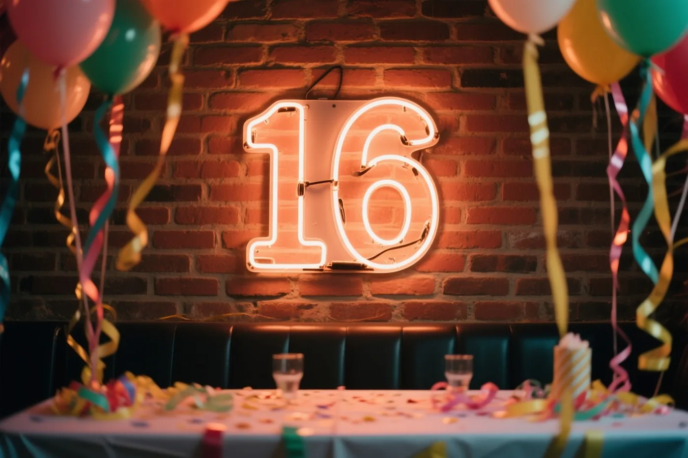 Een gloeiend neongetal 16 hangt aan een rode bakstenen muur boven een feesttafel, omringd door kleurrijke ballonnen en slingers.