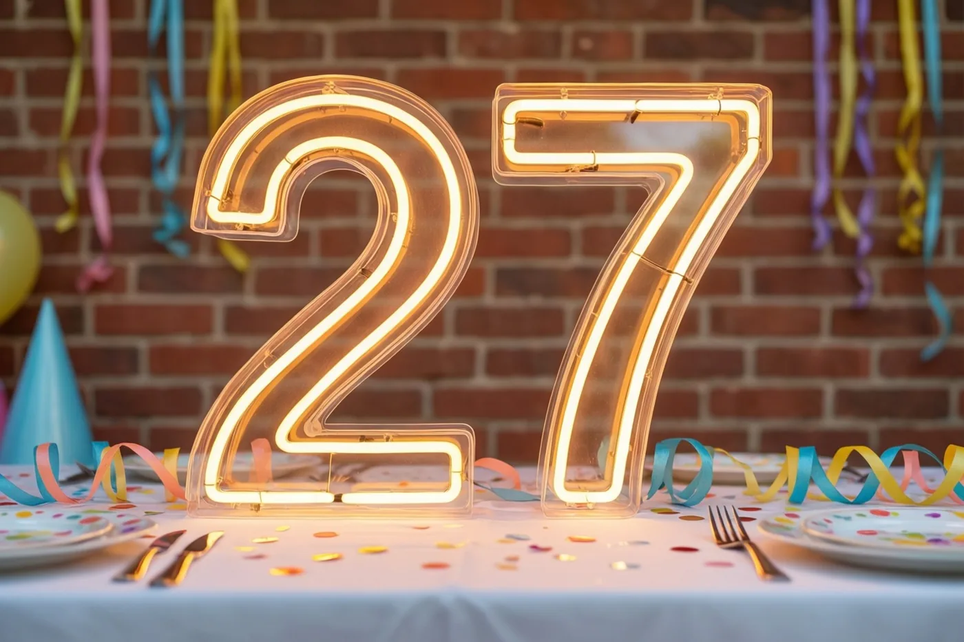 Een lichtgevend neongetal 27 staat op een tafel met confetti en slingers, voor een bakstenen muur in warm geel en oranje licht.