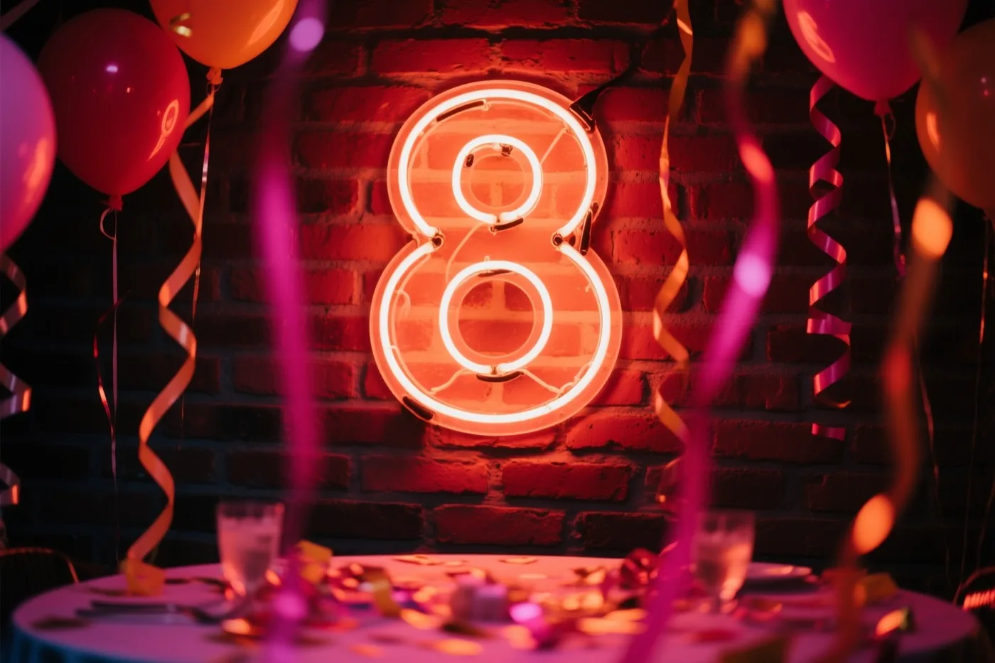Een lichtgevende neonacht hangt aan een rode bakstenen muur boven een feesttafel, met ballonnen en slingers in warm rood en roze licht.