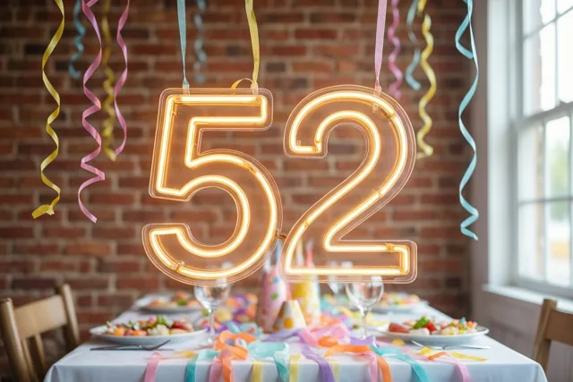 Een lichtgevend neonbord met 52 hangt aan een rode bakstenen muur boven een feestelijk versierde tafel met gekleurde slingers.