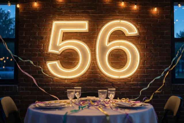 Een groot neonbord met 56 gloeit aan een bakstenen muur boven een versierde feesttafel met lichtslingers en kleurrijke slingers.