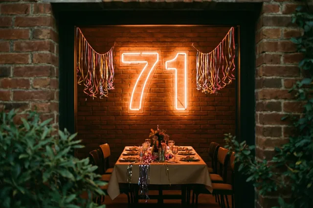 Een warm verlicht neongetal 71 hangt boven een gedekte eettafel aan een bakstenen muur, met kleurrijke slingers rondom.