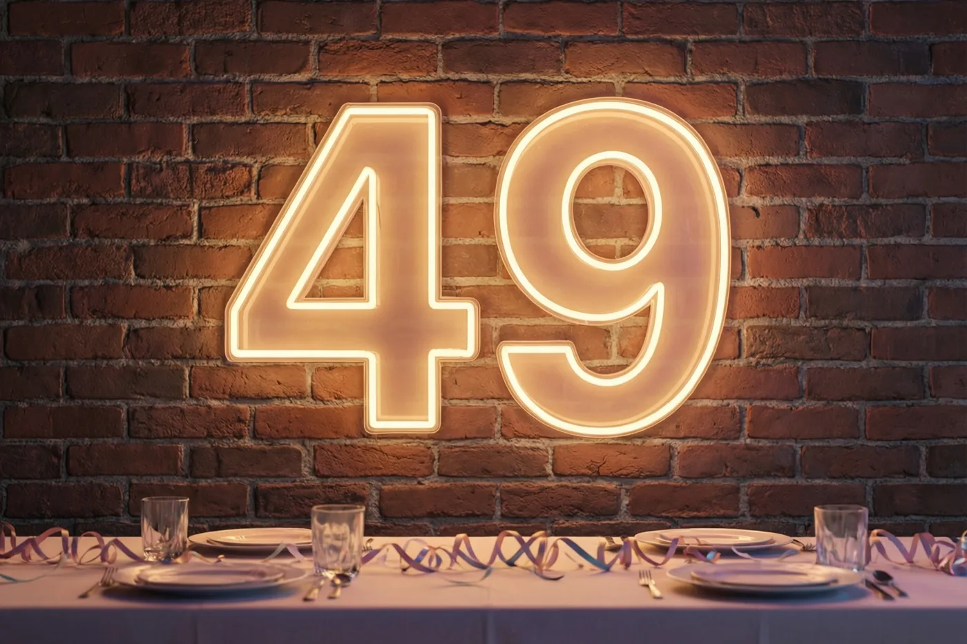 Een warm neonlicht in de vorm van 49 hangt aan een rode bakstenen muur boven een tafel met borden, glazen en kleurrijke slingers.