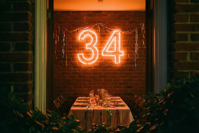 Een warm neoncijfer 34 hangt aan een bakstenen muur boven een feestelijk gedekte tafel, met donkere bladeren op de voorgrond en oranje en rood licht.