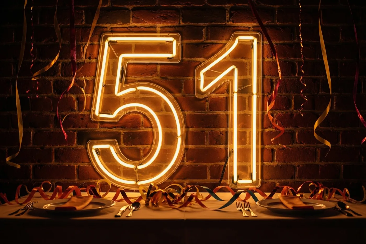 Een gloeiend neonteken met 51 hangt aan een bakstenen muur boven een feesttafel met kleurrijke slingers, borden en bestek in warm licht.