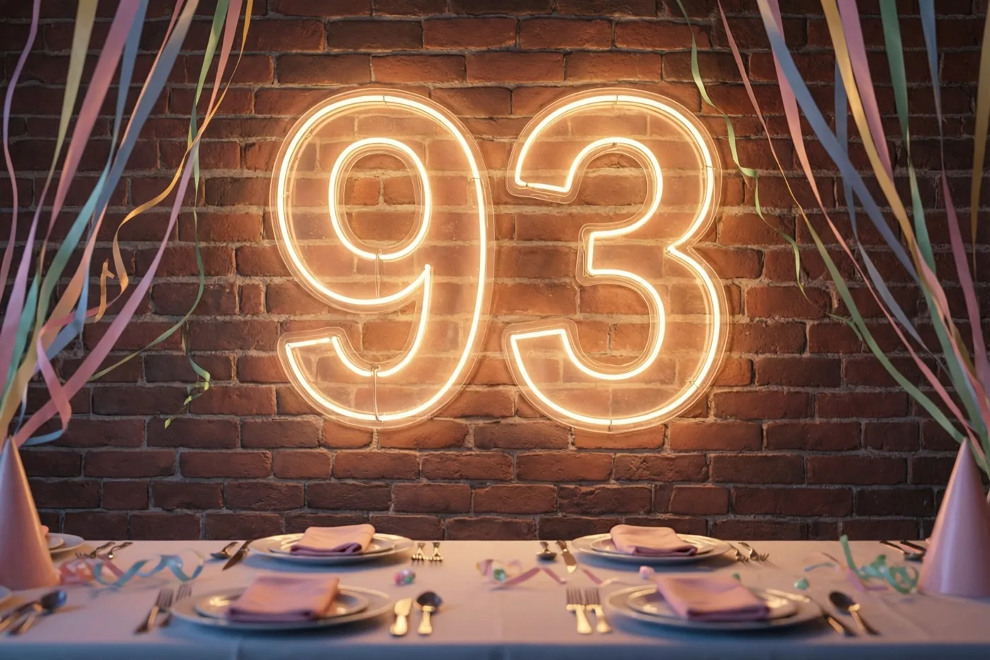 Een groot neongetal 93 hangt aan een bakstenen muur boven een feesttafel met kleurrijke slingers.
