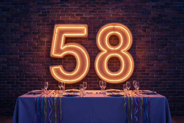 Warme oranje neoncijfers 58 hangen aan een bakstenen muur boven een feesttafel met slingers.