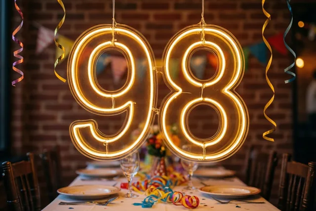 Grote lichtgevende neoncijfers 98 hangen boven een feesttafel tegen een bakstenen muur, met gouden, rode en blauwe slingers.