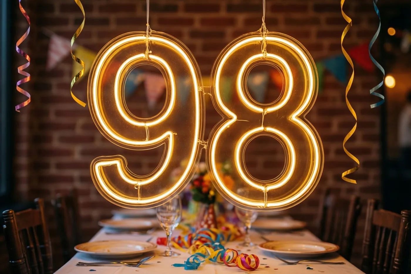 Grote lichtgevende neoncijfers 98 hangen boven een feesttafel tegen een bakstenen muur, met gouden, rode en blauwe slingers.