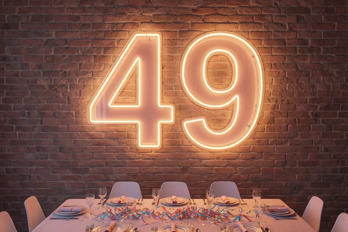 Een warm verlicht neonteken met 49 hangt aan een bakstenen muur boven een feestelijk gedekte tafel met kleurrijke slingers en servies.