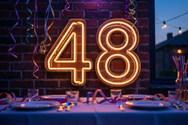 Een grote neonversie van 48 gloeit tegen een bakstenen muur boven een gedekte feesttafel met kleurrijke slingers in schemerlicht.