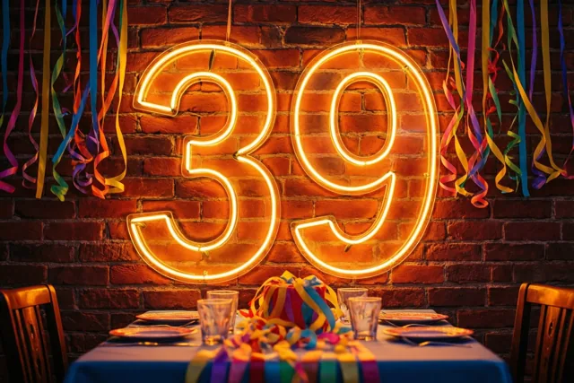 Een groot neongetal 39 gloeit boven een feesttafel met borden en glazen tegen een rode bakstenen muur met kleurrijke slingers.