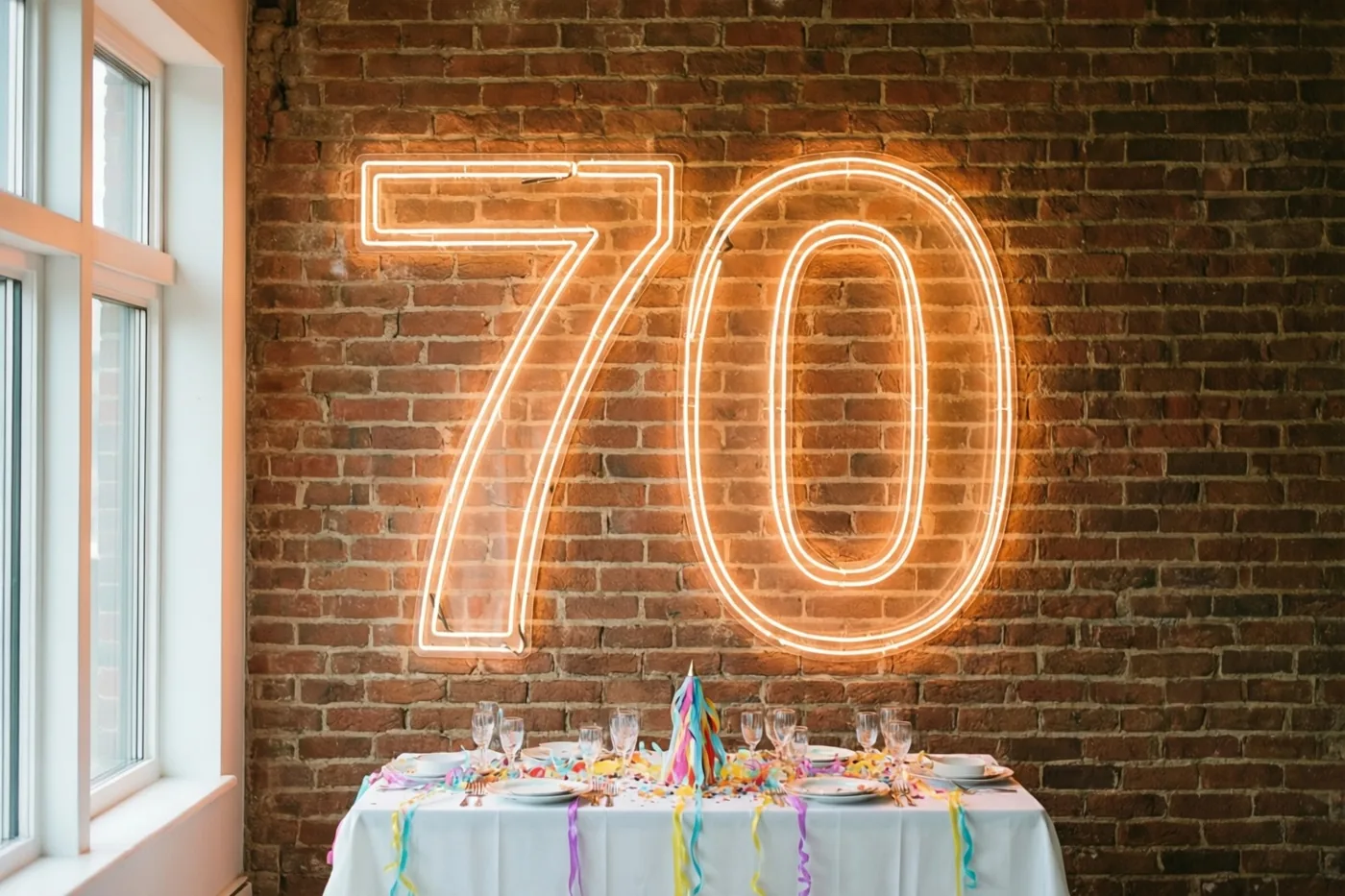 Een warme neonverlichting in de vorm van 70 hangt aan een rode bakstenen muur boven een feestelijk gedekte tafel, met daglicht van een raam links.