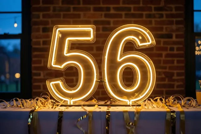 Lichtgevende neoncijfers vormen 56 aan een bakstenen muur boven een feesttafel met gouden slingers en een wit tafelkleed.