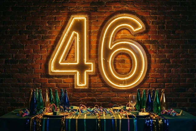 Een warm oplichtende neonversie van 46 hangt aan een donkere bakstenen muur boven een tafel met een donkergroen kleed, kleurrijke slingers en flessen.