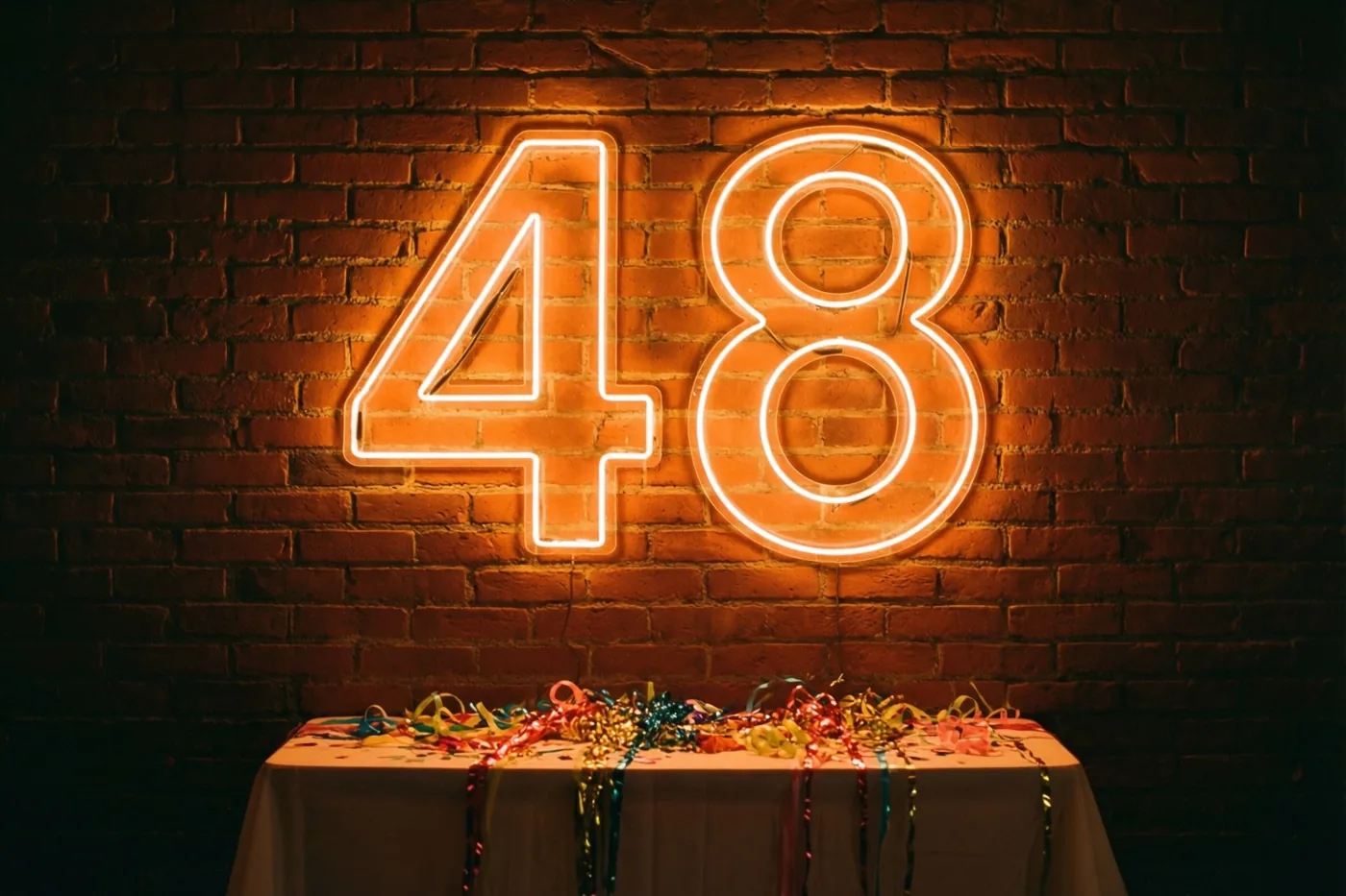 Een neonversie van 48 gloeit warm tegen een bakstenen muur boven een tafel vol kleurrijke slingers.