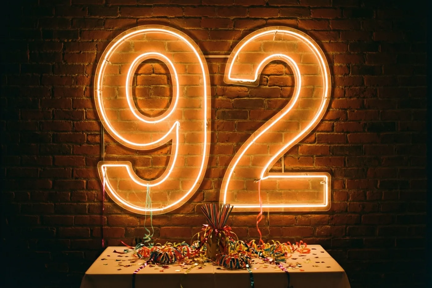 Een groot neongetal 92 gloeit op een donkere bakstenen muur boven een tafel met kleurrijke slingers en confetti.