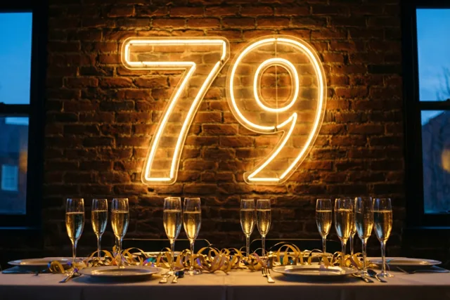 Een feesttafel met champagneglazen en slingers staat onder een groot neonbord met 79 aan een donkere bakstenen muur, verlicht in warme gouden tinten.