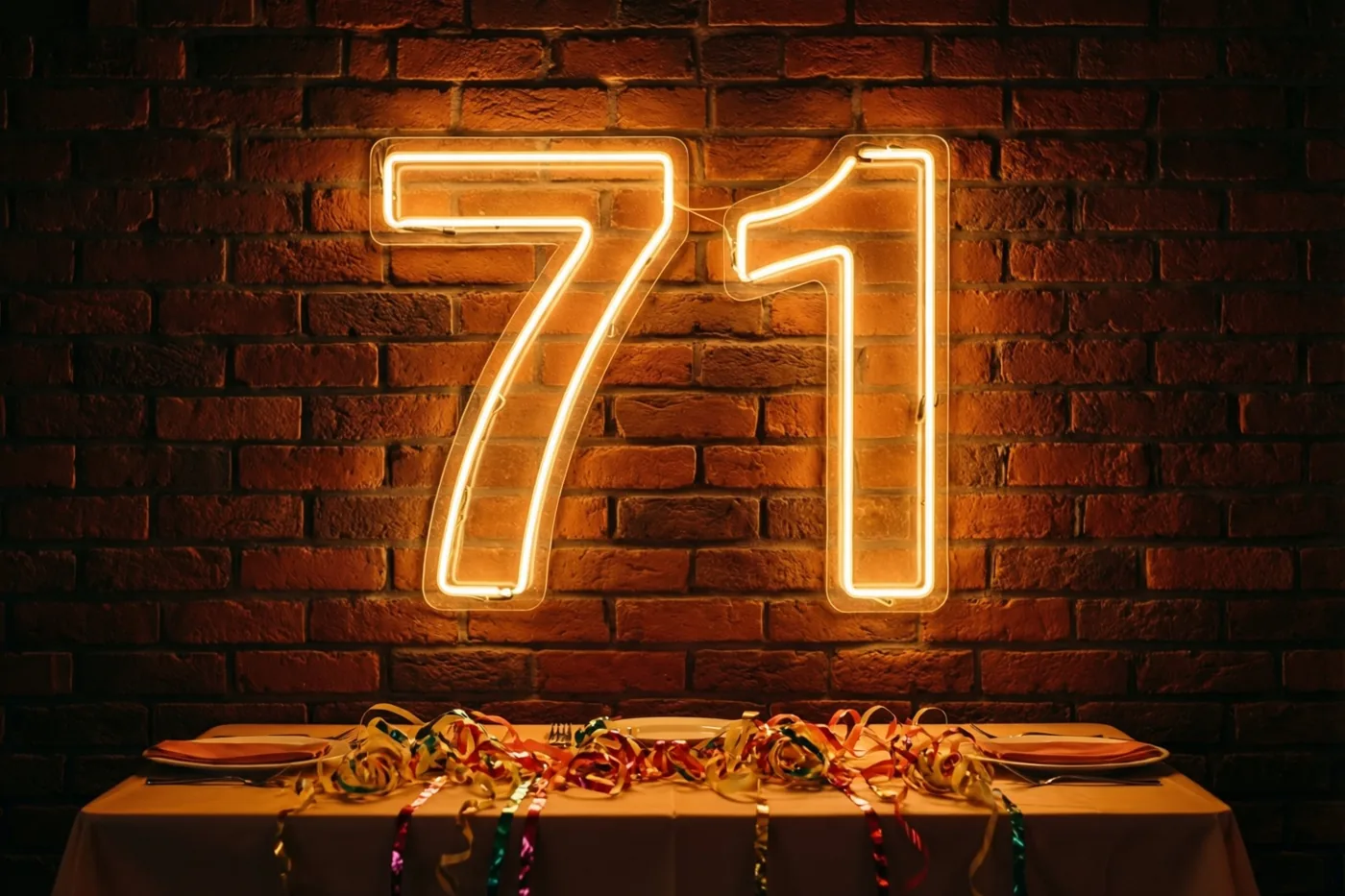 Een lichtgevend neongetal 71 hangt aan een bakstenen muur boven een feesttafel met slingers.
