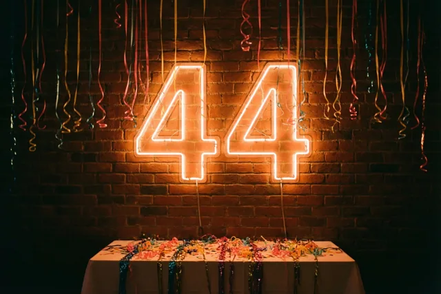 Een groot neongetal 44 gloeit aan een bakstenen muur boven een tafel vol kleurrijke slingers.