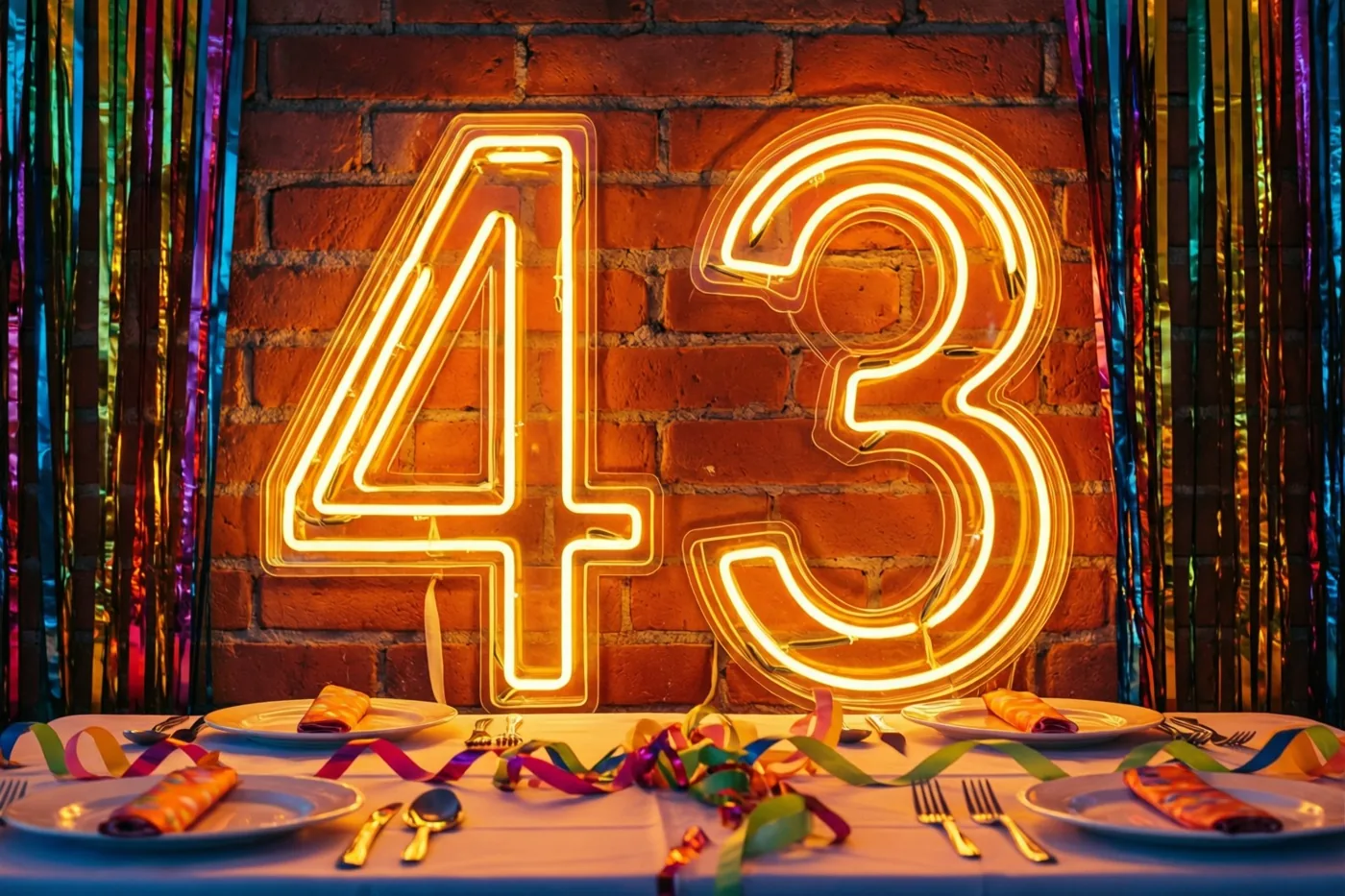 Een groot neongetal 43 hangt aan een rode bakstenen muur boven een versierde feesttafel met kleurrijke slingers en feestelijk servies.