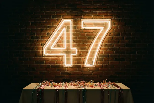 Een grote neonversie van 47 gloeit tegen een donkere bakstenen muur boven een tafel met een wit kleed en kleurrijke glanzende slingers.