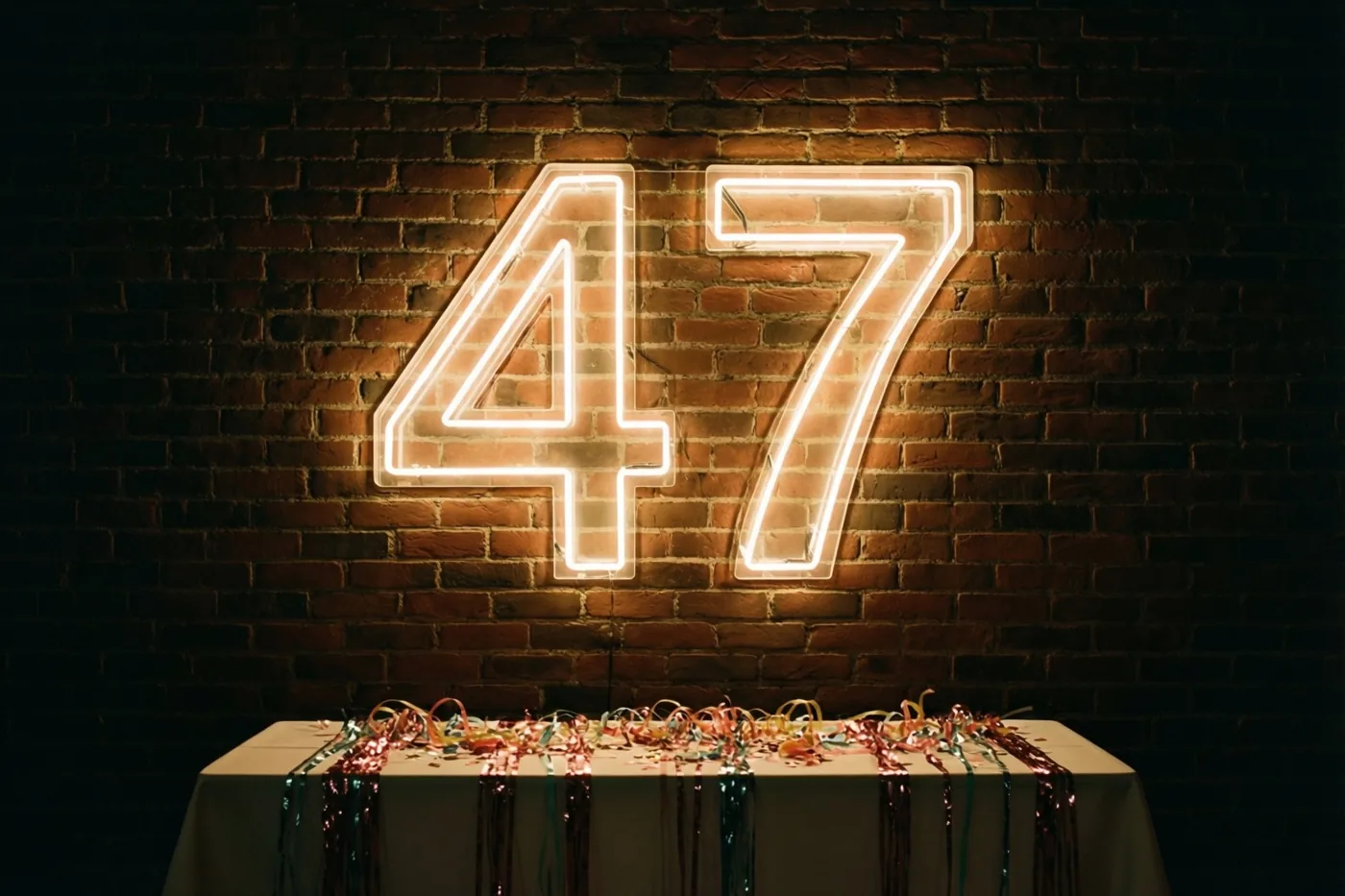 Een grote neonversie van 47 gloeit tegen een donkere bakstenen muur boven een tafel met een wit kleed en kleurrijke glanzende slingers.