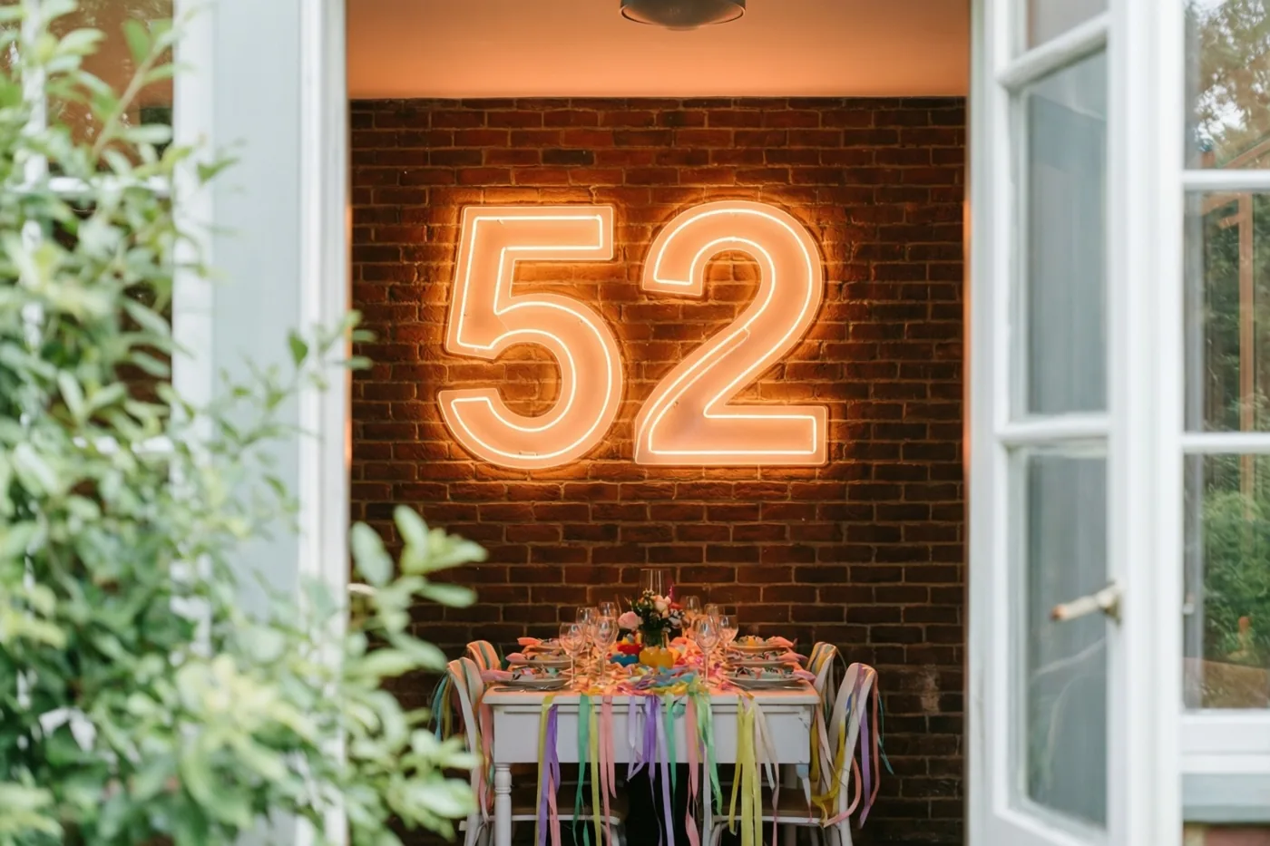Door een open deuropening is een feesttafel met gekleurde slingers te zien onder een neonbord met 52 aan een bakstenen muur, met groen op de voorgrond.