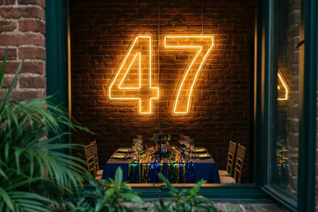 Door een raam met groen op de voorgrond is een warme neonversie van 47 te zien boven een feesttafel met slingers tegen een bakstenen muur.