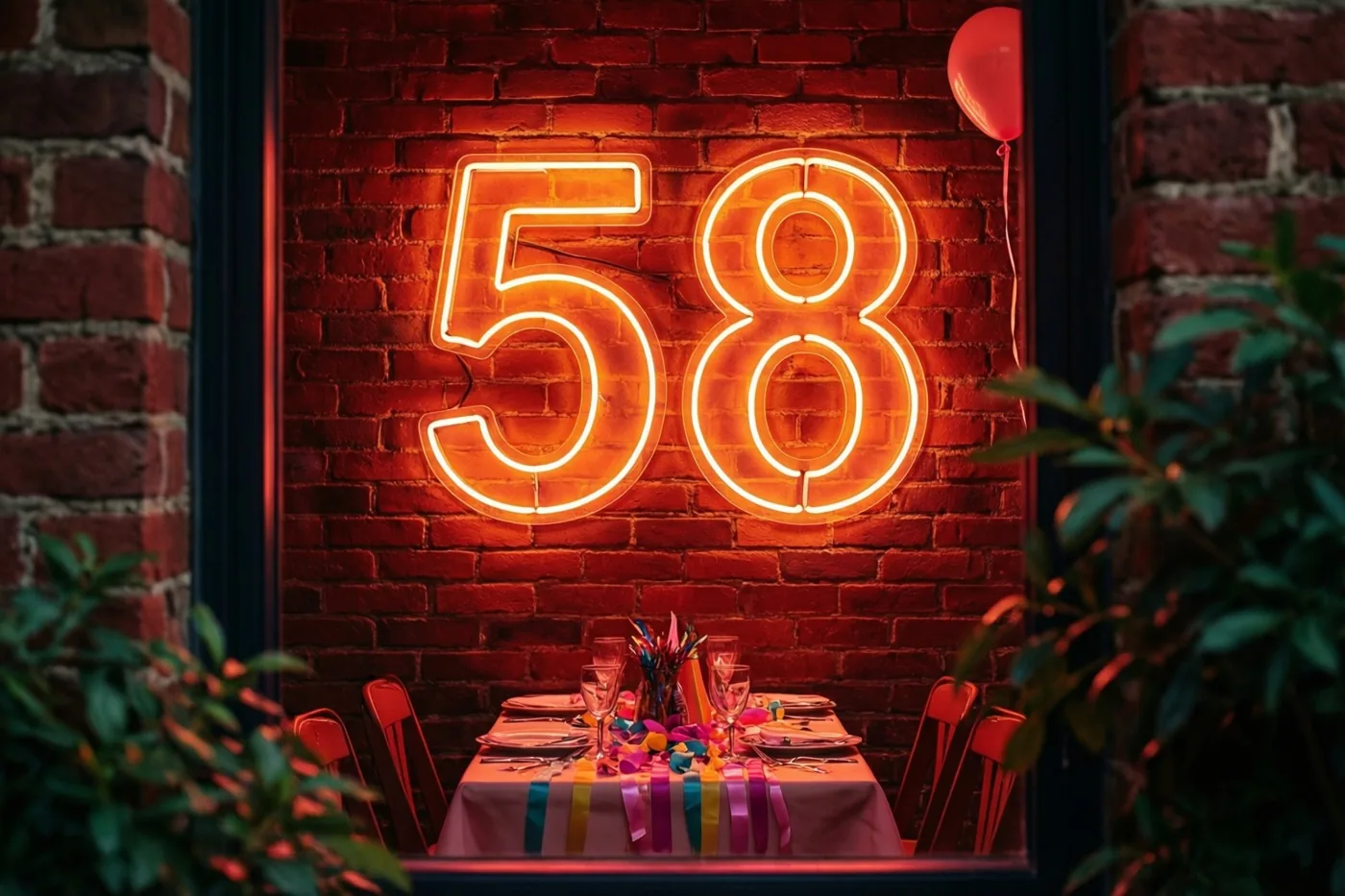 Een warm gloeiend neongetal 58 hangt aan een rode bakstenen muur boven een versierde tafel, omlijst door een donkere opening met groen aan weerszijden.