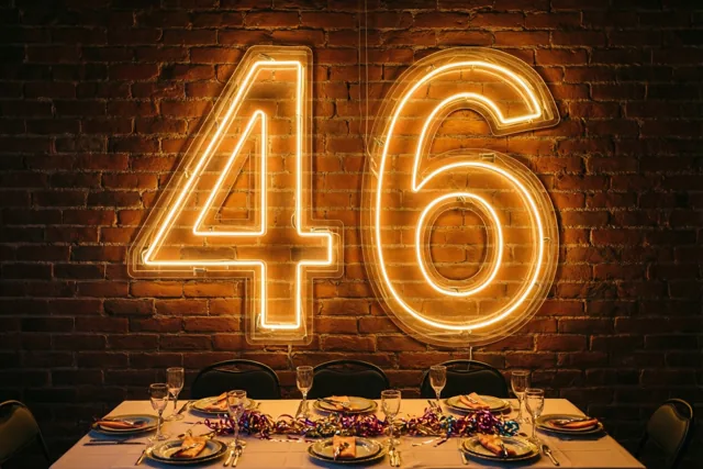 Een neonversie van 46 hangt boven een feestelijk gedekte tafel tegen een bakstenen muur en verspreidt goudoranje licht.