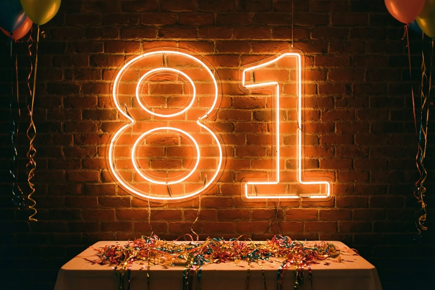 Een neonbord met het getal 81 hangt aan een bakstenen muur boven een tafel vol kleurrijke slingers, in warm oranje en rood licht.
