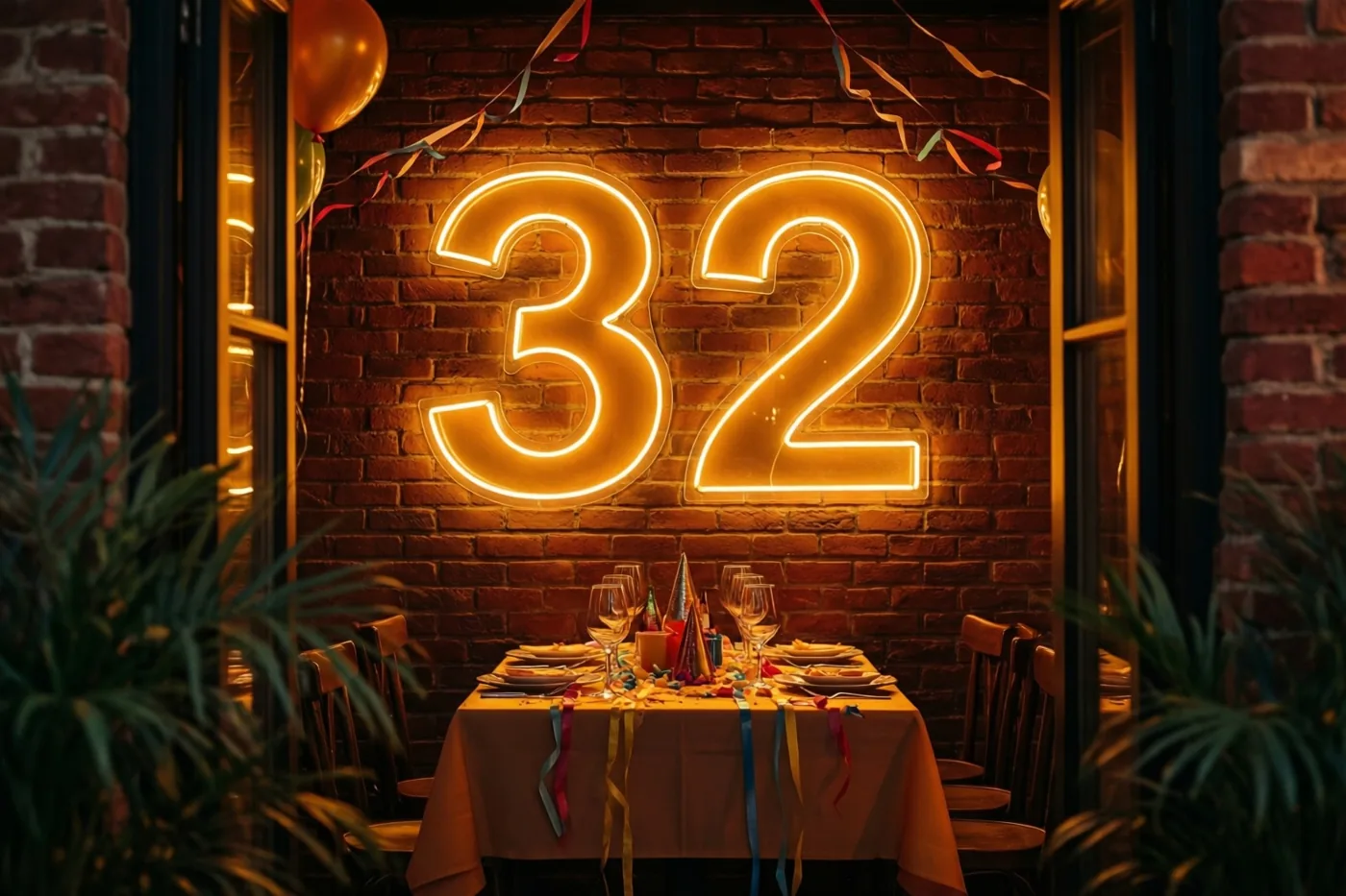 Een warm oplichtende neonversiering met 32 hangt aan een bakstenen muur boven een gedekte feesttafel met slingers en ballonnen.