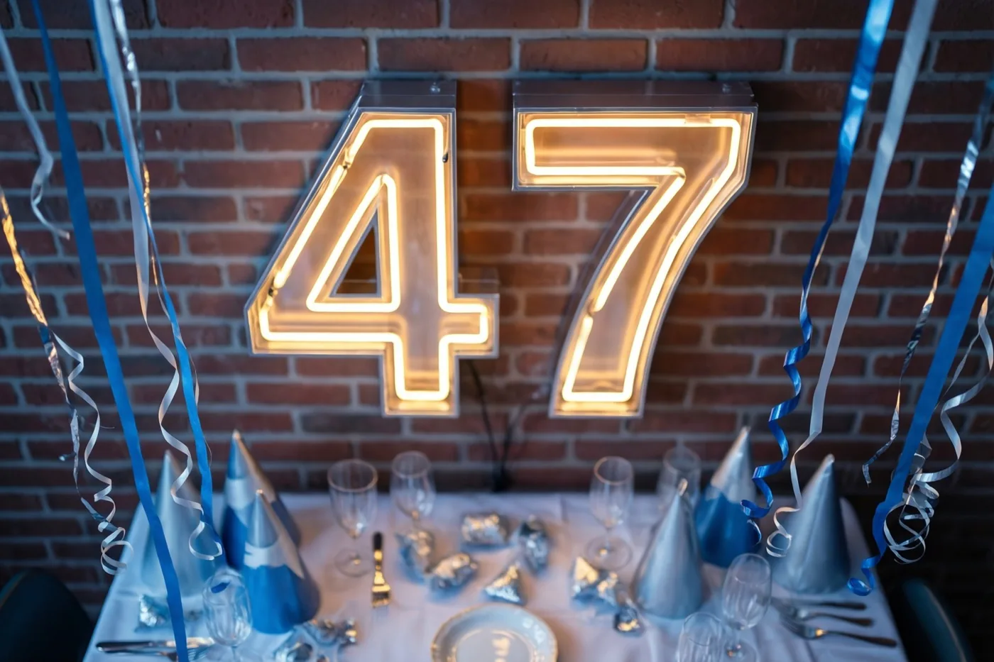 Een lichtgevende neonversie van 47 hangt aan een rode bakstenen muur boven een feesttafel met blauwe en zilveren slingers en feesthoedjes.