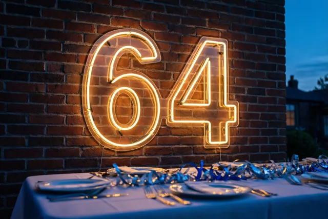 Een geel neonlicht in de vorm van 64 hangt aan een bakstenen muur boven een feesttafel met borden en blauwe serpentines, met een koele blauwe schemerhemel op de achtergrond.