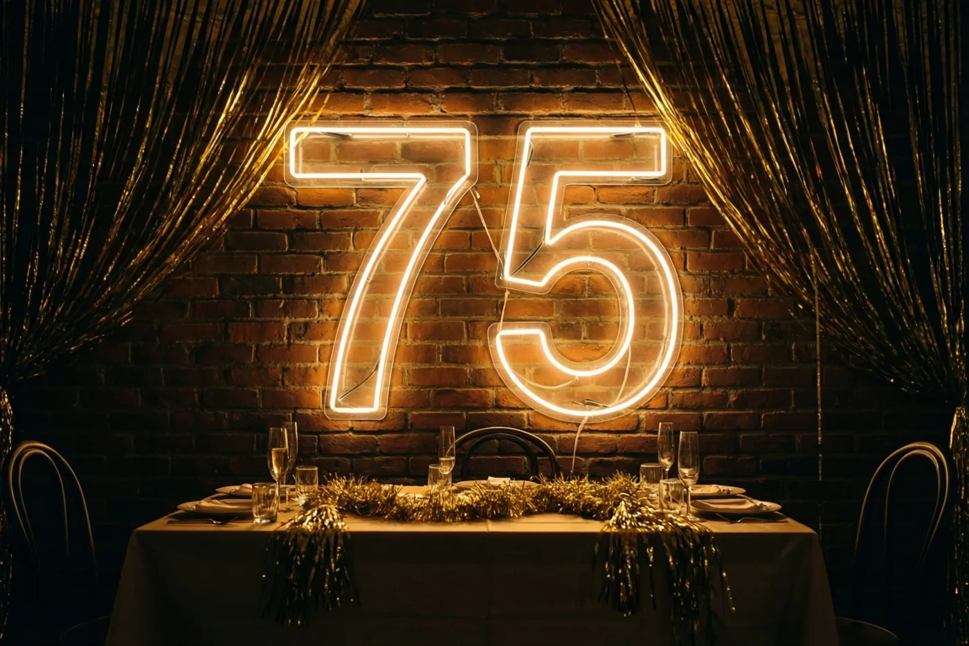 Een warme neonverlichting in de vorm van 75 hangt aan een bakstenen muur boven een feestelijk gedekte tafel met gouden slingers en servies.