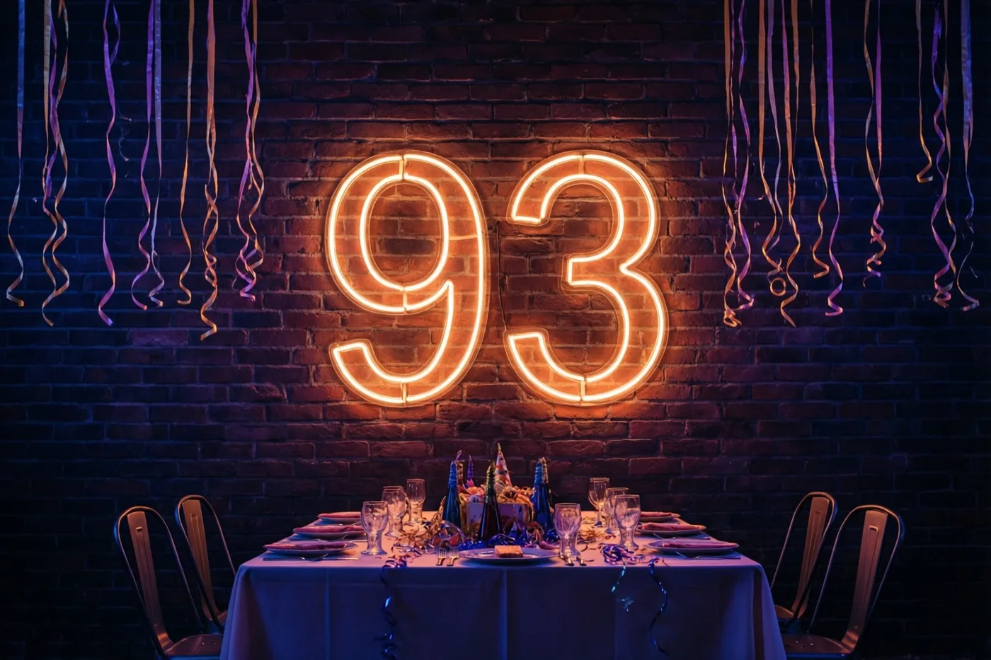 Oranje neoncijfers vormen 93 boven een feestelijk gedekte tafel tegen een donkere bakstenen muur, met paarse en gouden slingers en blauwpaars licht.