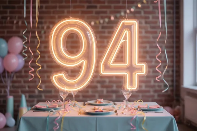 Grote lichtgevende neoncijfers 94 hangen aan een bakstenen muur boven een feesttafel met borden, pastelkleurige ballonnen en slingers.