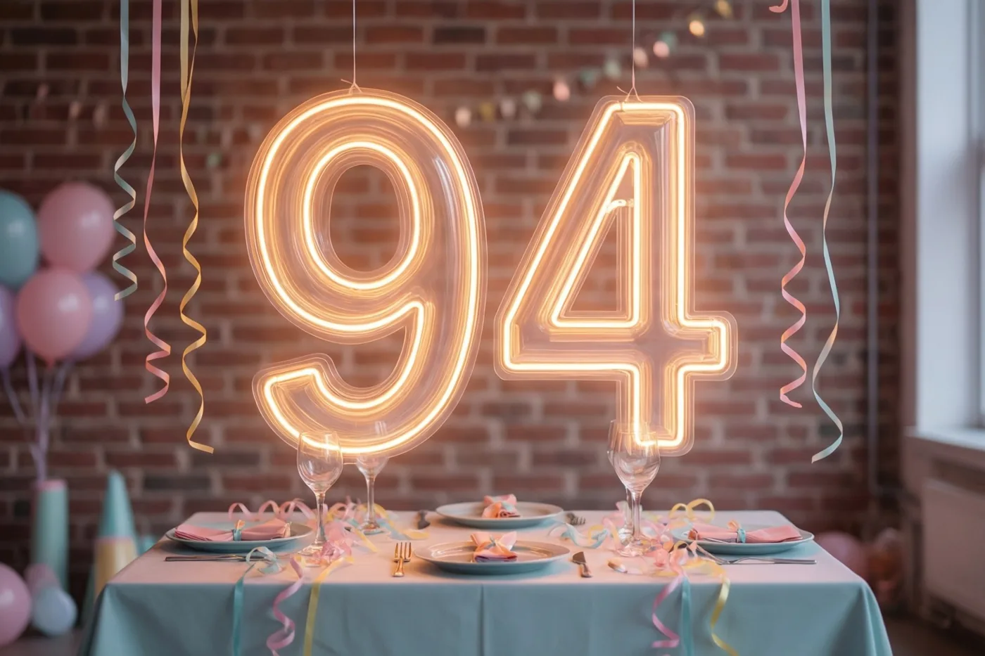Grote lichtgevende neoncijfers 94 hangen aan een bakstenen muur boven een feesttafel met borden, pastelkleurige ballonnen en slingers.