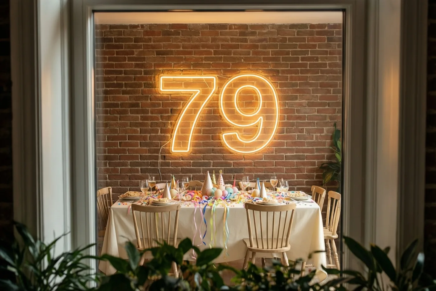 Door een raam of deuropening zie je een warm verlicht neonbord met 79 aan een bakstenen muur boven een feesttafel, met groene planten op de voorgrond.