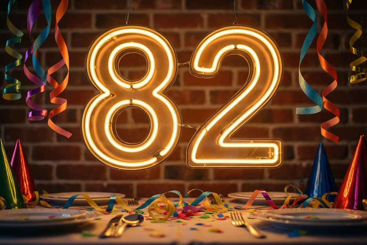 Een gloeiend neongetal 82 hangt boven een feesttafel tegen een bakstenen muur, met kleurrijke slingers en feesthoedjes.