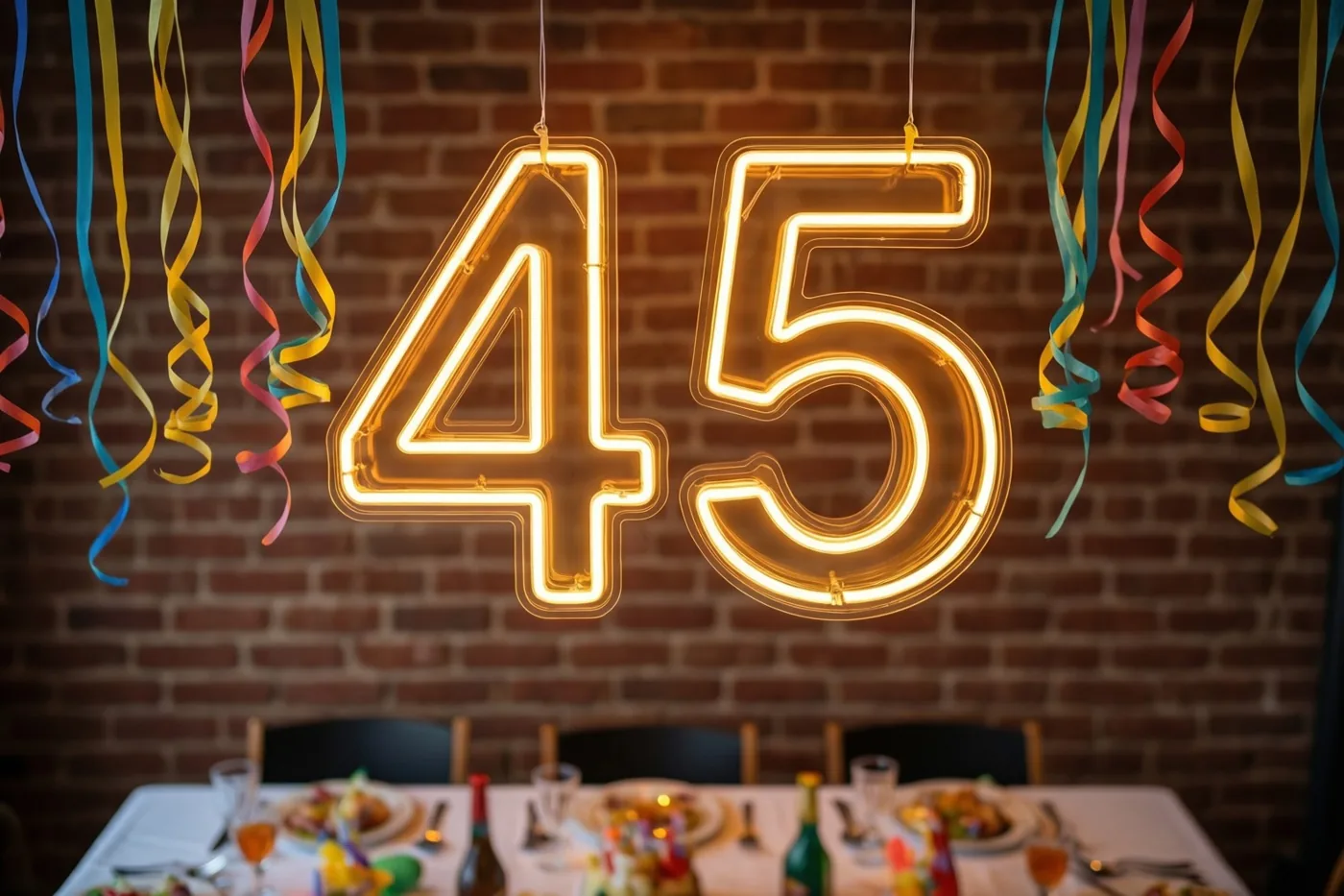 Een oranje gloeiend neongetal 45 hangt boven een feesttafel tegen een bakstenen muur, terwijl kleurrijke serpentines naar beneden vallen.