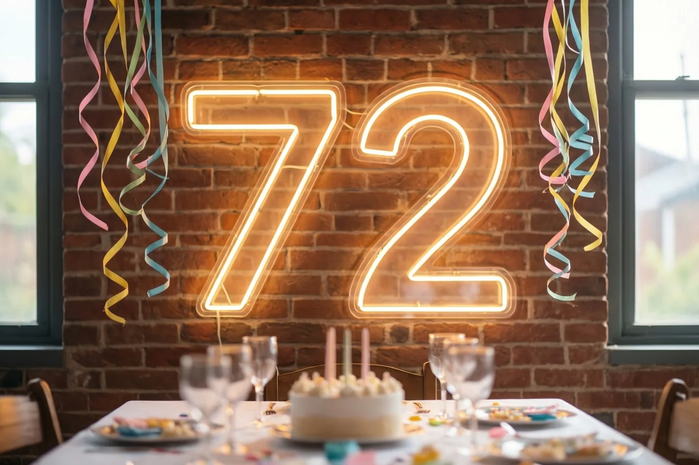 Een groot lichtgevend neongetal 72 hangt aan een bakstenen muur boven een versierde tafel, met kleurrijke slingers aan het plafond.