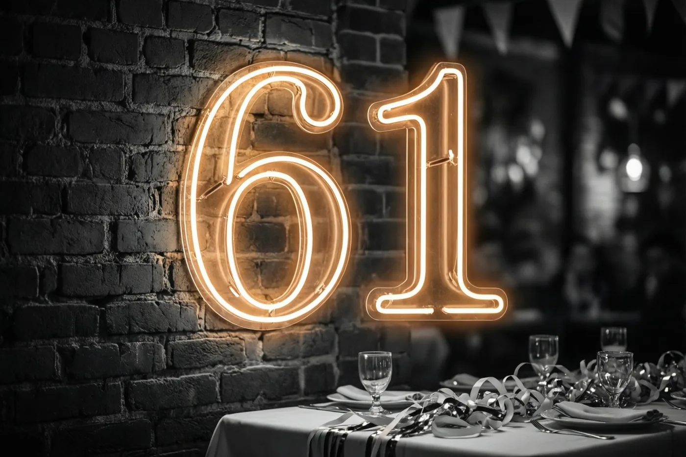 Een lichtgevend neongetal 61 hangt boven een feestelijk gedekte tafel tegen een donkere bakstenen muur in warm goudkleurig licht.